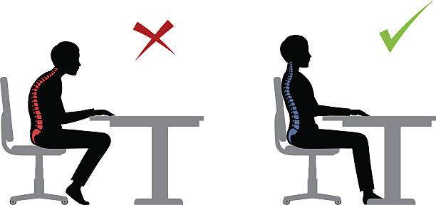ergonomische. falsche und korrekte sitzpose - ergonomische tastatur stock-grafiken, -clipart, -cartoons und -symbole