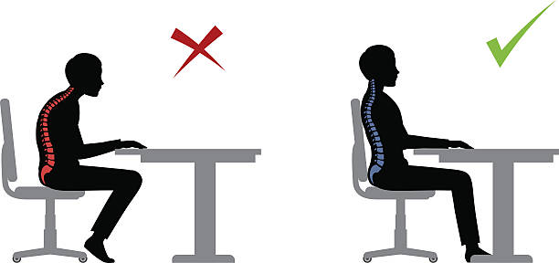 ergonomic. Wrong and correct sitting pose ergonomic. Wrong and correct sitting pose of a man near the table posture stock illustrations