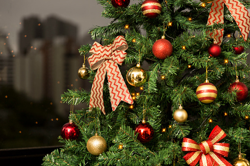 Christmas tree in daylight, with a city landscape in the background