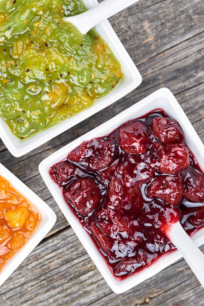 istock Set of fruit jams in white bowls 625794046