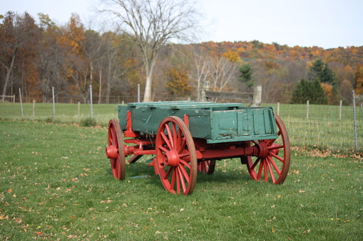 Red and green old country wagon from the rolling scenic hills of Malabar Farm Ohio