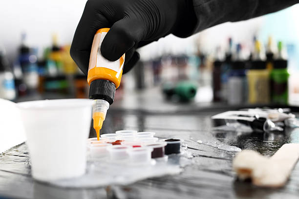 istock Color ink tattoo. Worktop in the tattoo studio 625794344