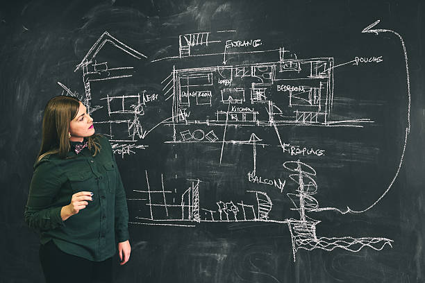 istock Architect woman sketching new project on chalkboard. 625796340