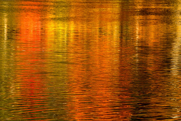 Vivid fall colors form abstract patterns on waters of the Farmington River in Canton, Connecticut.