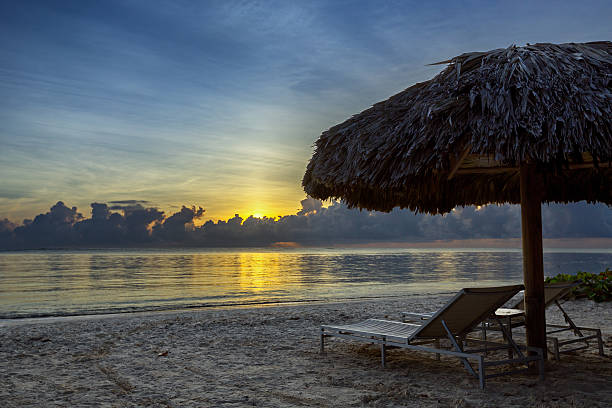 istock Sunbeds on the beach at sunrise 625801166