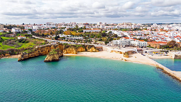 aerial from the city lagos in the algarve portugal - lagos bildbanksfoton och bilder