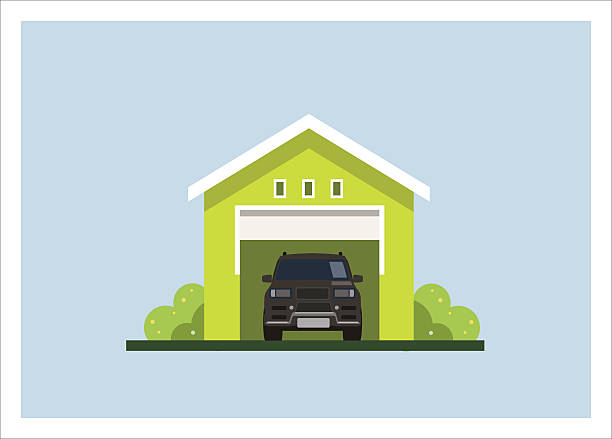 car garage simple flat illustration simple illustration of a car inside the garage residential garage doors stock illustrations