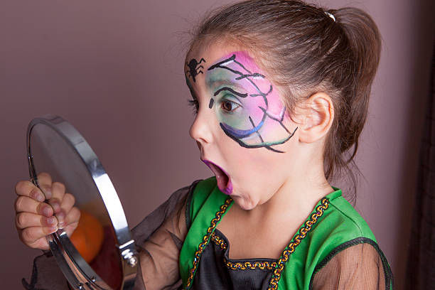 Little girl looking surprised into the mirror after face painting session before halloween party