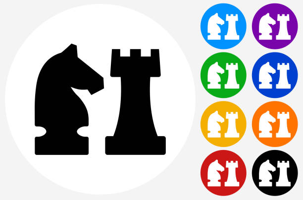 플랫 컬러 서클 버튼의 기사 와 성 아이콘 - chess knight stock illustrations