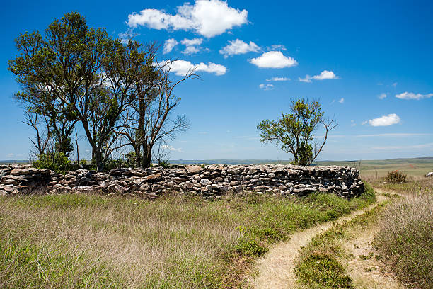Rural dirt road with blu sky and rocky wall