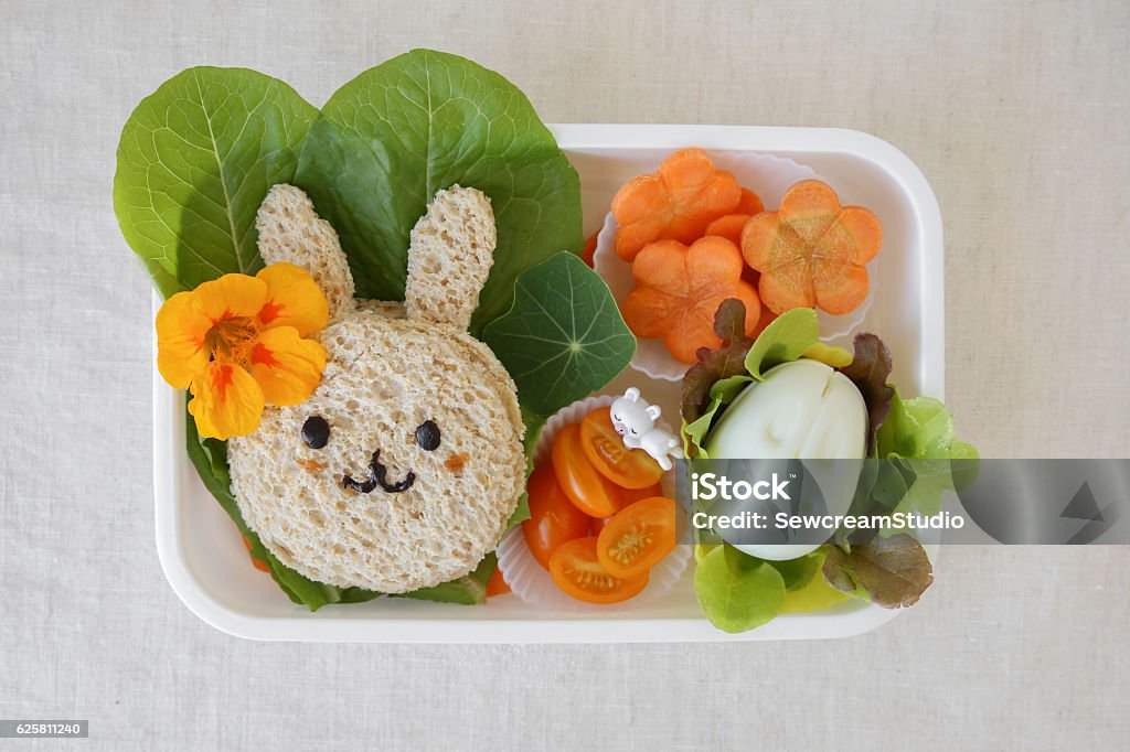 Pascua Buny caja de almuerzo saludable, arte de la comida divertida para los niños - Foto de stock de Niño libre de derechos