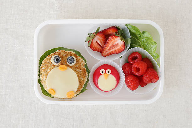 펭귄 건강 도시락, 아이들을위한 재미있는 음식 예술 - lunch box lunch sandwich green 뉴스 사진 이미지