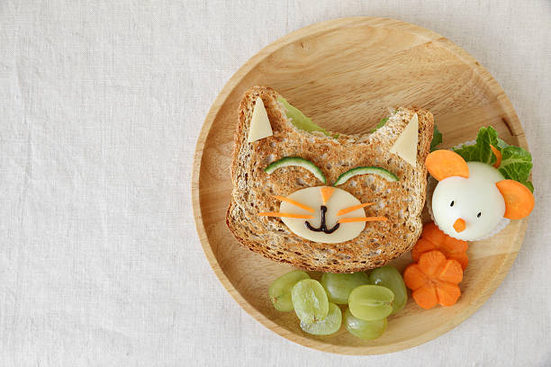 déjeuner sain du chat et de la souris, art alimentaire amusant pour les enfants - animal egg eggs food white photos et images de collection