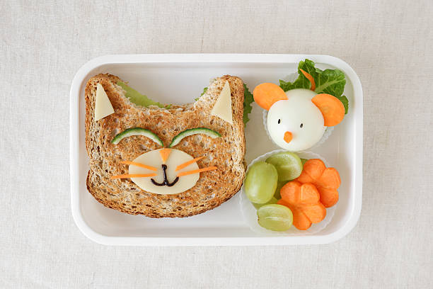 고양이와 마우스 도시락, 아이들을위한 재미있는 음식 예술 - lunch box 뉴스 사진 이미지