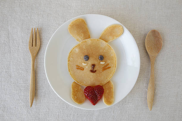 Bunny pancake breakfast, fun food art for kids Bunny pancake breakfast, fun food art for kids bunny pancake stock pictures, royalty-free photos & images