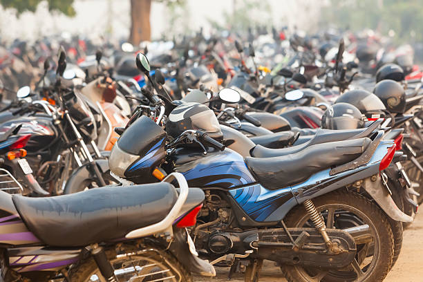 motorcycle parking space in India. stock photo