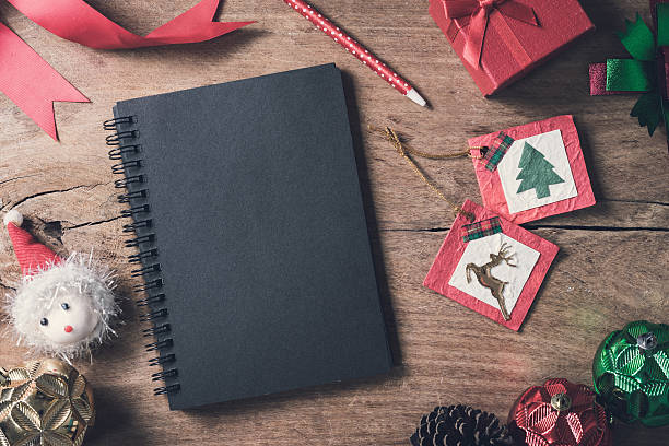istock Blank notebook on old wooden background with decorations 625841148