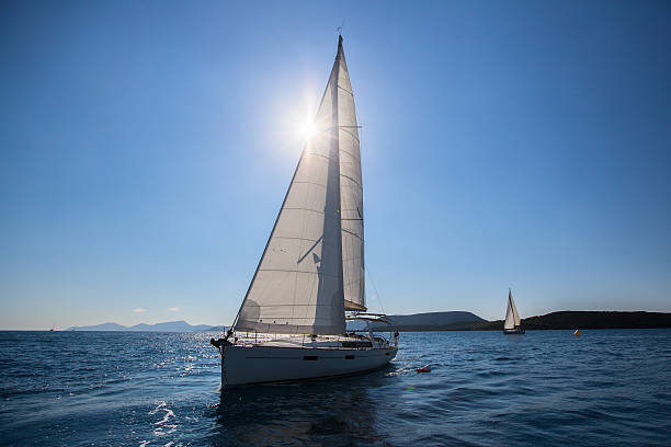 istock Sailing ship luxury yacht with white sails 625842552