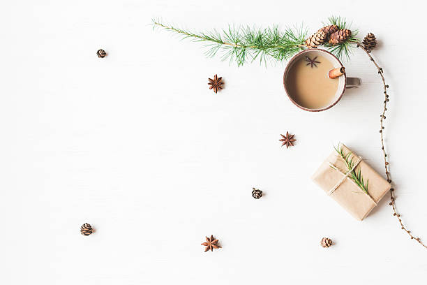 istock Cup of coffee, larch branches, cinnamon sticks, anise star 625844280