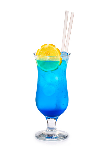 Blue Curacao, popular tropical cocktail isolated on white background.