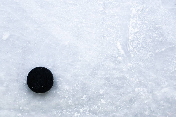 Ice hockey rink Ice hockey rink with a hockey puck with lot of copy space. hockey puck photos stock pictures, royalty-free photos & images