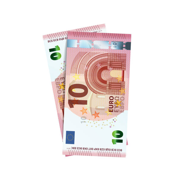 Couple of 10 euro banknotes on white Couple of 10 euro banknotes isolated on white banknote euro close up stock illustrations