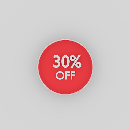 Sale and discount promotion concept: Written off or up rate 50% percent symbol in red speech bubble. White background with clipping path feature. Horizontal composition with copy space. Sale Banner Template, Special Offer Tag, Sticker, Advertising