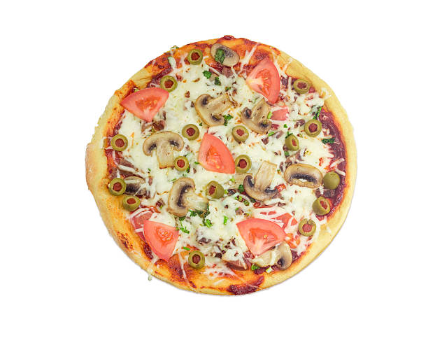 istock Pizza with chicken, mushrooms, tomatoes and olives on light back 625861132