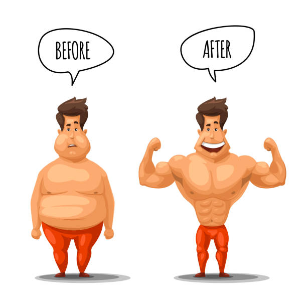 ilustraciones, imágenes clip art, dibujos animados e iconos de stock de pérdida de peso. hombre antes y después de la ilustración del vector de la dieta - abdomen abdominal muscle muscular build beautiful