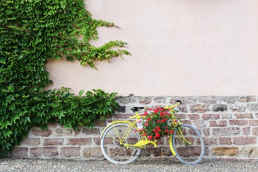 Yellow bike with flowers in Beaujolais, France 