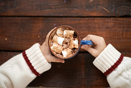 Directly above view of boys hands holding hot mug with cocoa and marshmallows