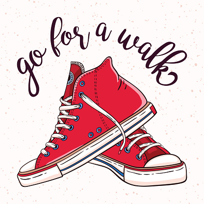 Vector Go for a walk illustration with a pair of vintage red sneakers