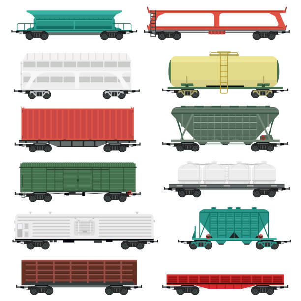 набор векторных вагонов поезда. - train steam train vector silhouette stock illustrations