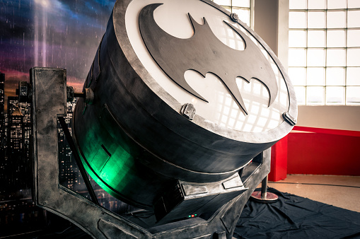 Sheffield, United Kingdom - June 12, 2016: Replica of the 'bat-signal' device from 'Batman' at the Yorkshire Cosplay Convention at Sheffield Arena