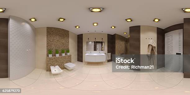 Render Spherical 360 Panorama Of Bathroom Interior - Fotografias de stock e mais imagens de Vista de 360 graus - Vista de 360 graus, Banheira, Casa de Banho Doméstica