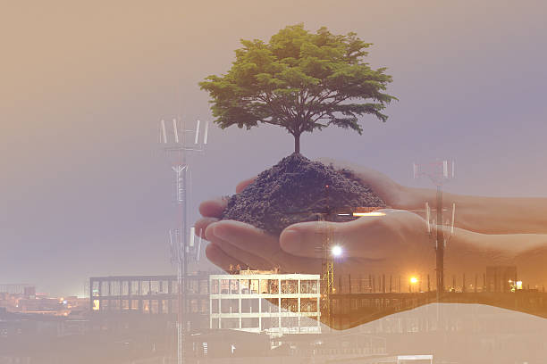 istock Man holding green plant in hand with Construction site 625879360