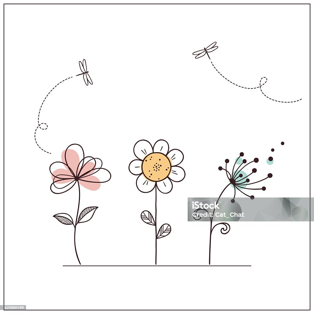 Stylized doodle flowers Hand drawn doodle flowers set with dragonflies Flower stock vector