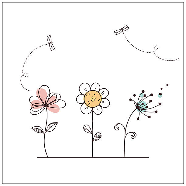 Stylized doodle flowers Hand drawn doodle flowers set with dragonflies dragonfly drawing stock illustrations