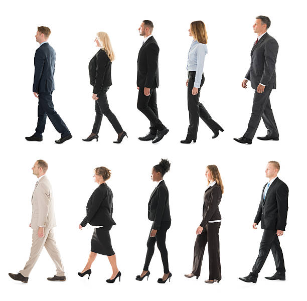 collage of businesspeople walking in line - people in a row people business isolated imagens e fotografias de stock