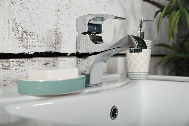 istock Modern bathroom washbasin with chrome faucet 625886542