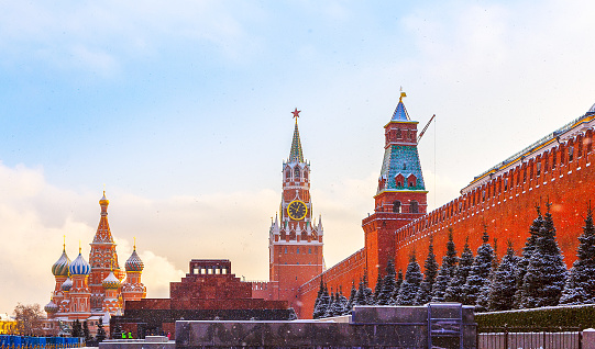 St. Basil's Cathedral and one of the Kremlin’s wall towers at the Red square in Moscow