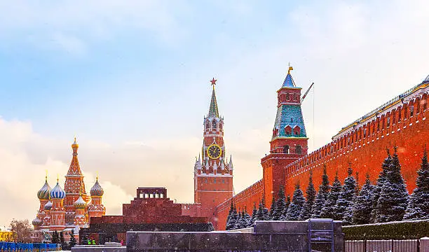Kremlin wall Spasskaya Tower Mausoleum Red Square winter