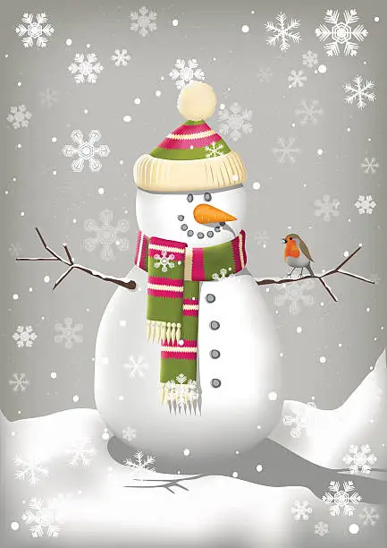 Vector illustration of Cute Snowman and Robin