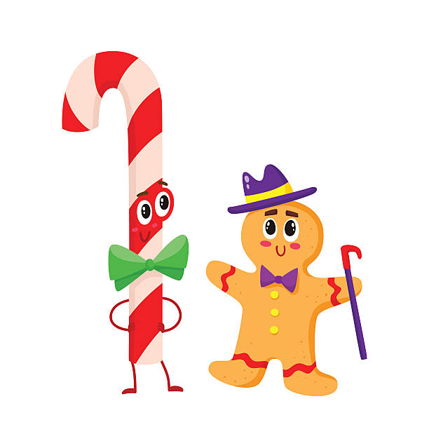 Christmas candy and gingerbread funny character, cartoon vector illustration isolated Christmas candy and gingerbread funny character, cartoon vector illustration isolated on white background. Traditional striped red and white Xmas candy cane cute and funny Christmas character eye candy stock illustrations
