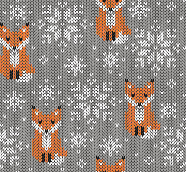 bildbanksillustrationer, clip art samt tecknat material och ikoner med foxes jacquard knitted seamless pattern - red fox snow