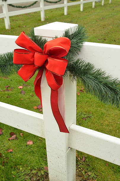 istock white fence festooned with pine red ribbon bow 625897164