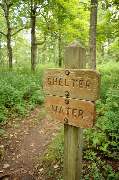 istock Shelter and water sign on trail 625901902