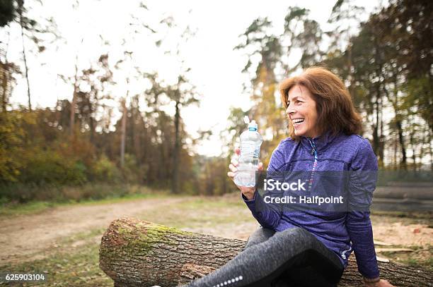 Senior Läufer Sitzen Auf Holzstämmen Ruhen Trinkwasser Stockfoto und mehr Bilder von Fitnesstraining