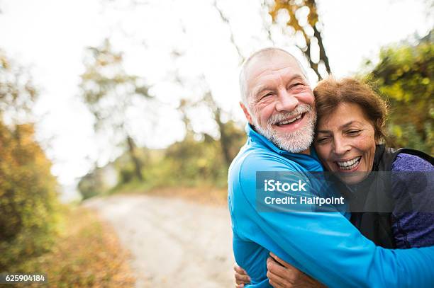 Schönes Seniorenpaar Läuft Draußen Im Sonnigen Herbstwald Stockfoto und mehr Bilder von Seniorenpaar