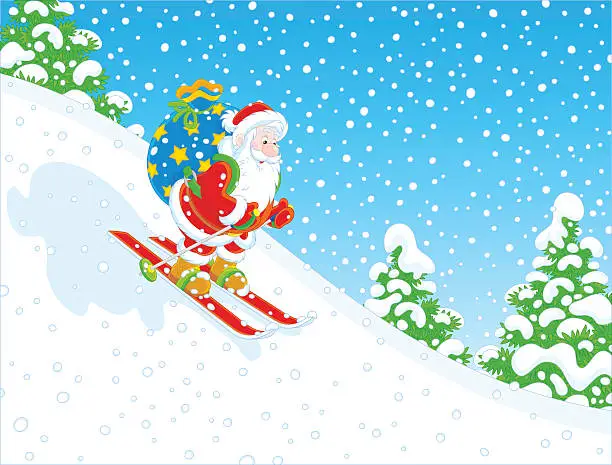 Vector illustration of Santa skiing with gifts